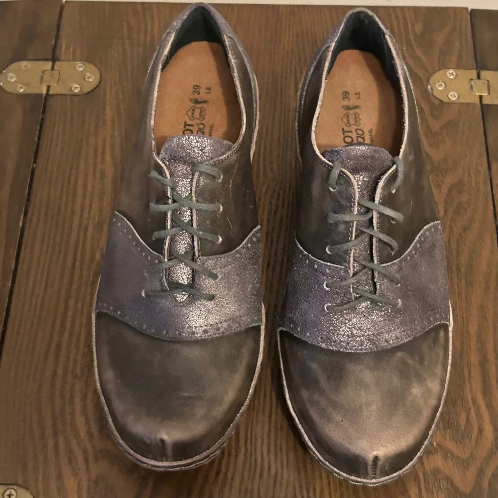 Naot Womens‎ Metallic Gray Leather Lace Up Oxford Block Heel Besalu Shoes 39 L8